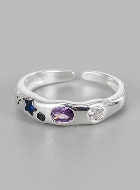 韩版INS小众设计几何百搭S925纯银微镶锆石戒指彩锆食指戒可调节