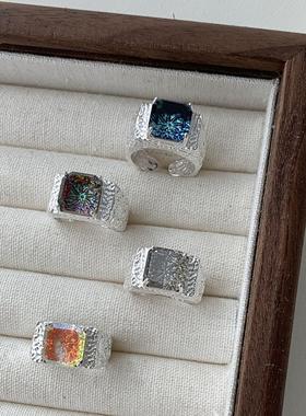 韩国设计925纯银水晶烟花戒指女锡纸纹ins轻奢高级感重工同款