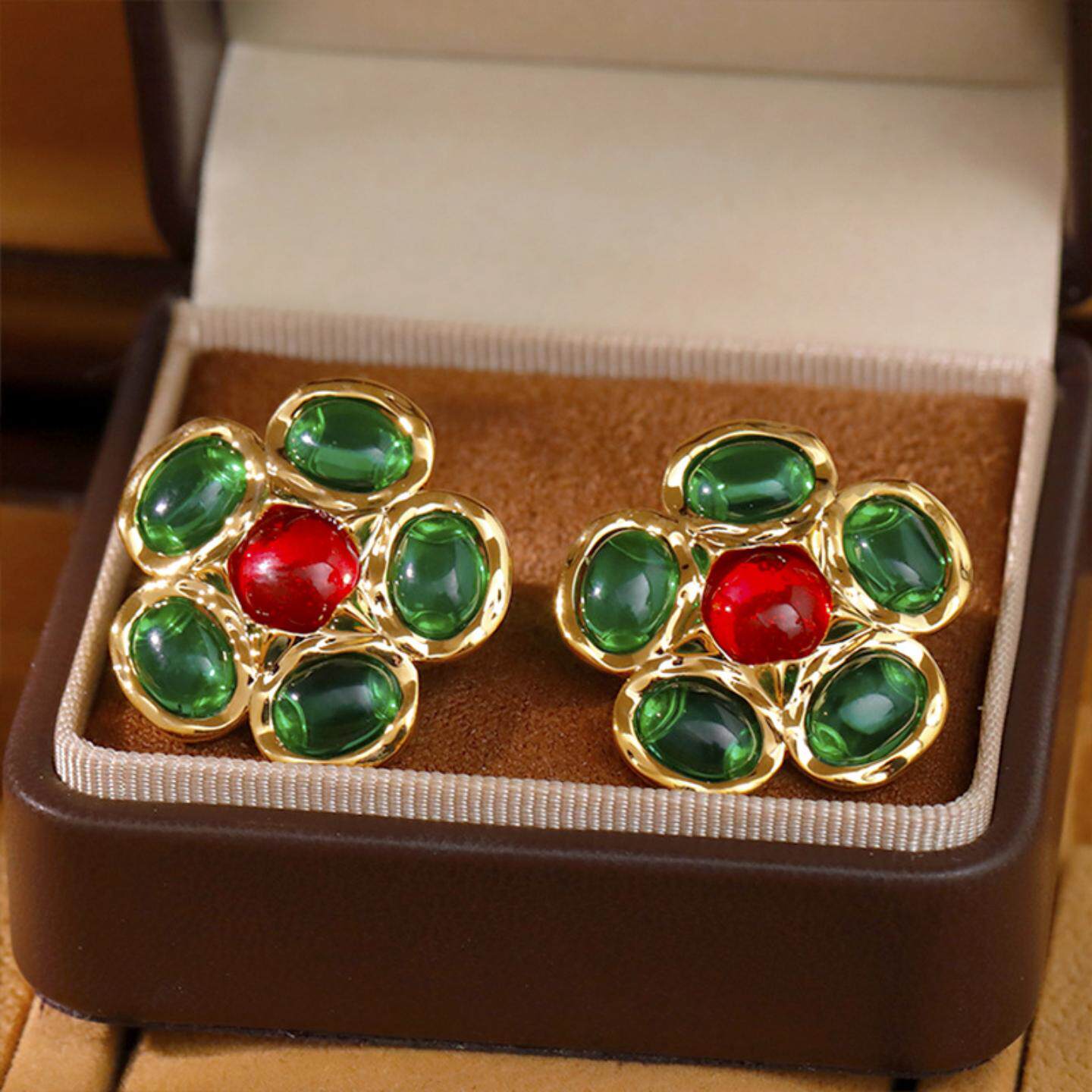 Vintage中古风绿色宝石耳环ins