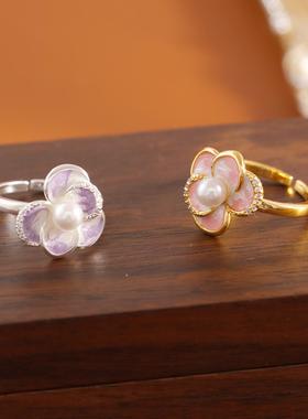 珐琅滴油珠光粉戒指女时尚森系甜美气质春夏爆款开口戒可调节指环