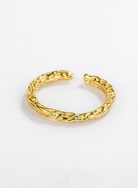 韩国戒指S925纯银锡箔纸森系百搭纹理韩系INS潮不规则可调节手饰