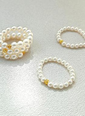 珍珠戒指女小众设计时尚食指手工素圈弹力绳指环2023年新款潮配饰