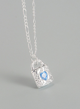 韩国ins蓝色爱心锆石小锁头项链925纯银小清新百搭小红书锁骨颈链