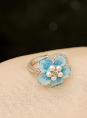 山茶花戒指女 渐变蓝色花朵开口戒时尚手工珐琅滴釉气质轻奢指环