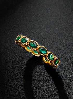 复古港风祖母绿开口戒指女款爆款轻奢可调节指环铜镀金色