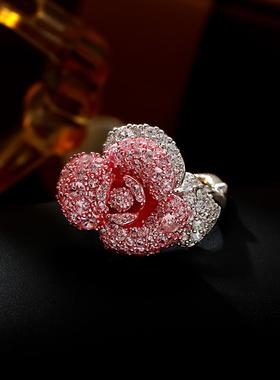 复古港风红色玫瑰戒指时尚气质轻奢超闪百闭口指环2025年爆款