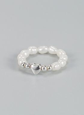 韩国轻奢小众S925纯银爱心巴洛克珍珠戒指女弹力绳手串指环