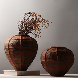 侘寂风复古陶瓷花瓶设计师软装样板间民宿插花装饰品创意大号摆件