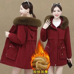 加绒加厚棉袄外套女2025冬季 棉服连帽毛领派克服大衣潮 胖妹妹大码