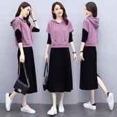 新款 宽松显瘦长袖 连帽卫衣时尚 2025春季 洋气连衣裙套装 女两件套潮