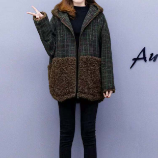 羊羔毛拼接毛呢棉服2026冬装新款大码女装加厚呢大衣格子夹棉外套