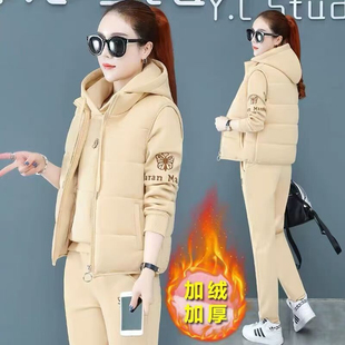 冬季加绒运动套装女2025新款时尚宽松保暖加厚马甲卫衣休闲三件套