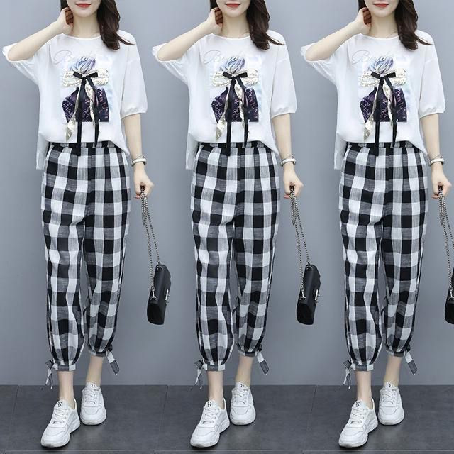 2025年夏季新款大码女装短袖两件套胖MM遮肚显瘦T恤格子裤子套装,女装/女士精品,时尚套装,淘宝优惠券,粉丝福利购,淘宝优惠卷