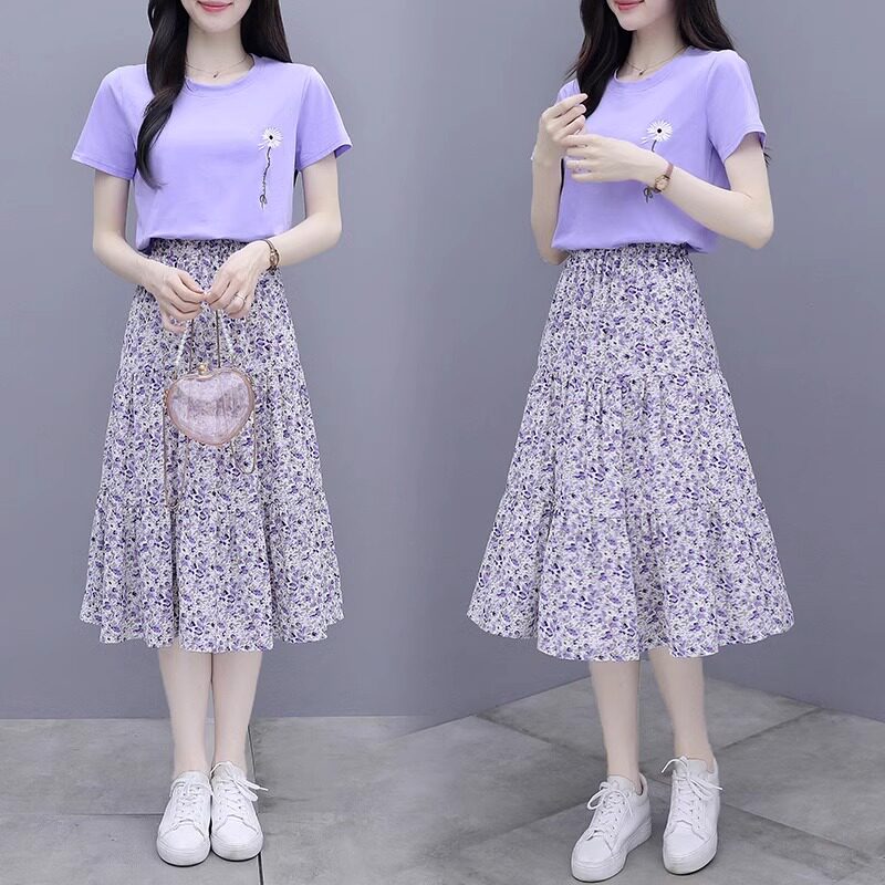 单件/套装紫色小雏菊短袖t恤连衣裙子两件套休闲碎花雪纺半身裙女