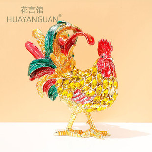 招财风水珐琅彩合金摆件生肖母鸡公鸡摆件金属饰品盒创意国潮礼品