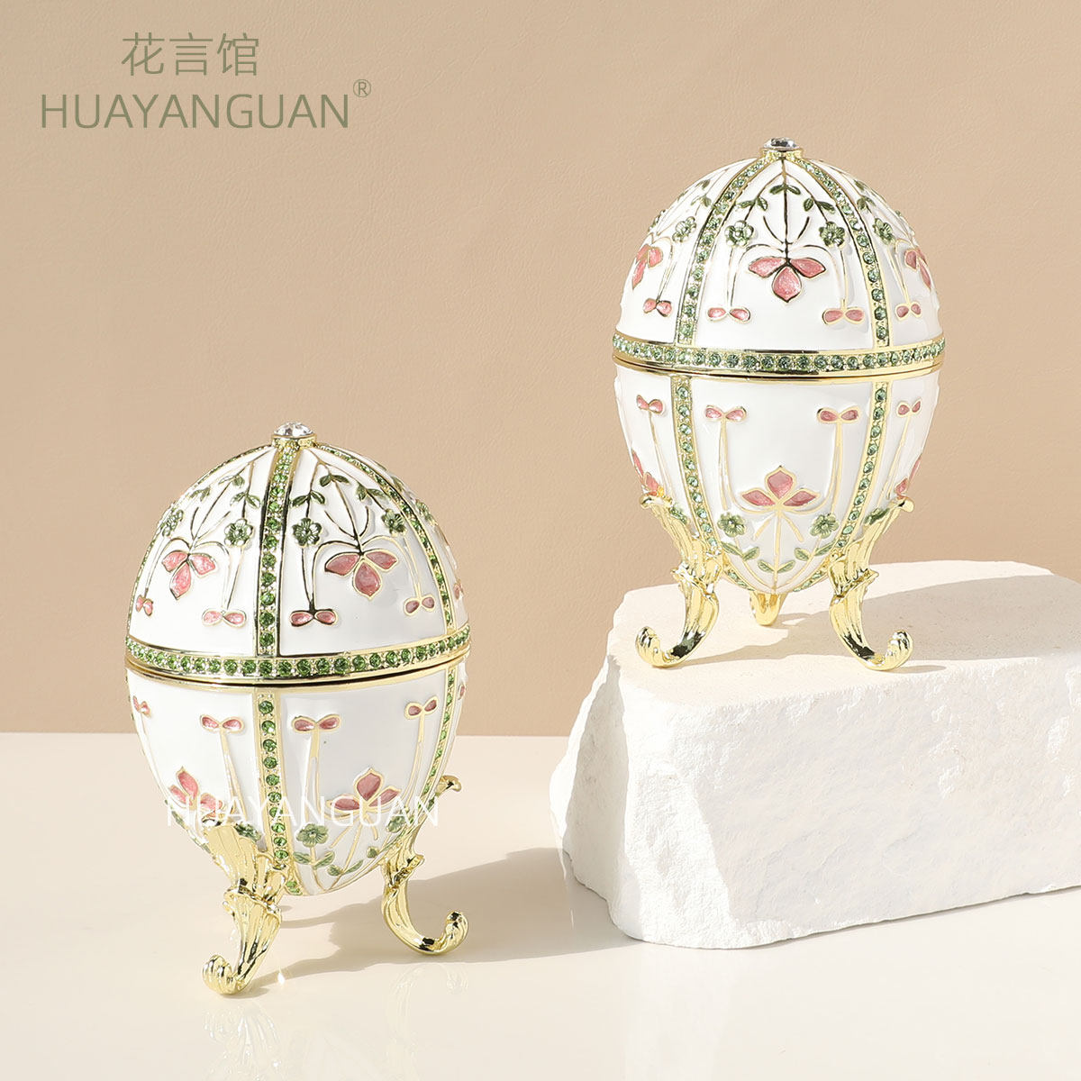 白色花朵蛋首饰盒珐琅彩俄罗斯珍珠鸡蛋首饰盒法贝热鸡蛋装饰盒