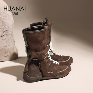 华耐英伦风马丁靴女款 内增高拳击靴复古小众西部靴子 2025秋季 新款