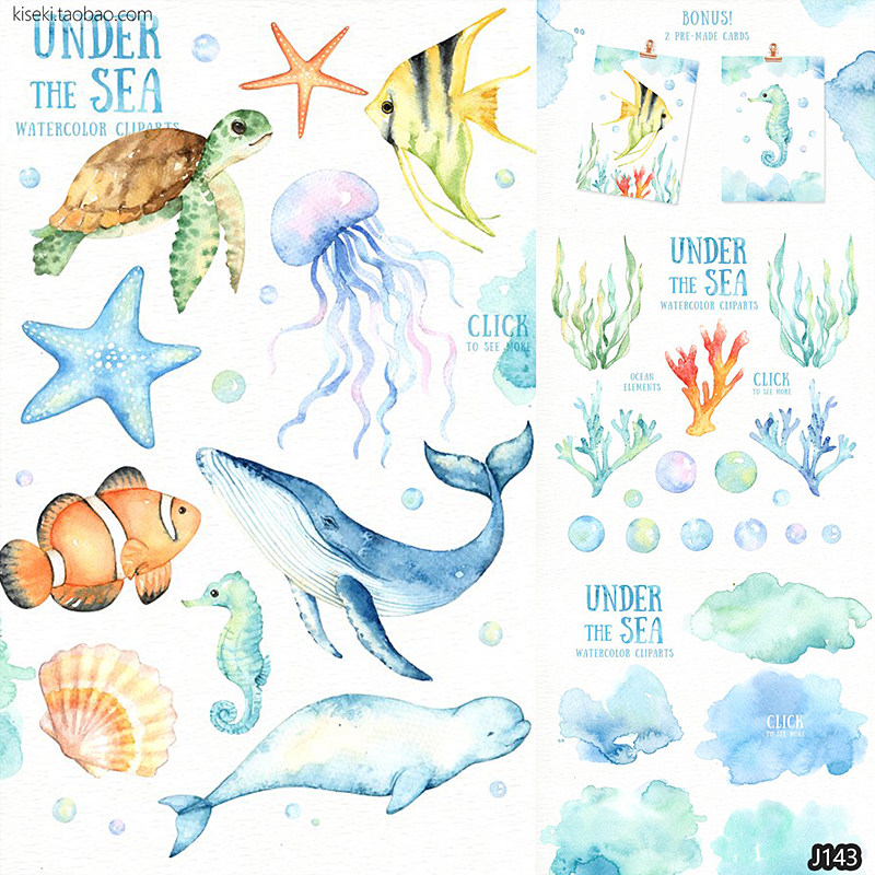 唯美卡通手绘水彩海洋动物植物海龟鲸鱼海星PNG免抠图PS设计素材