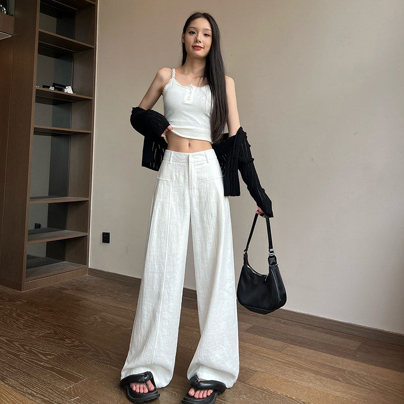 白色亚麻苧麻阔腿裤女夏季薄款高腰垂感老钱风西装直筒棉麻休闲裤