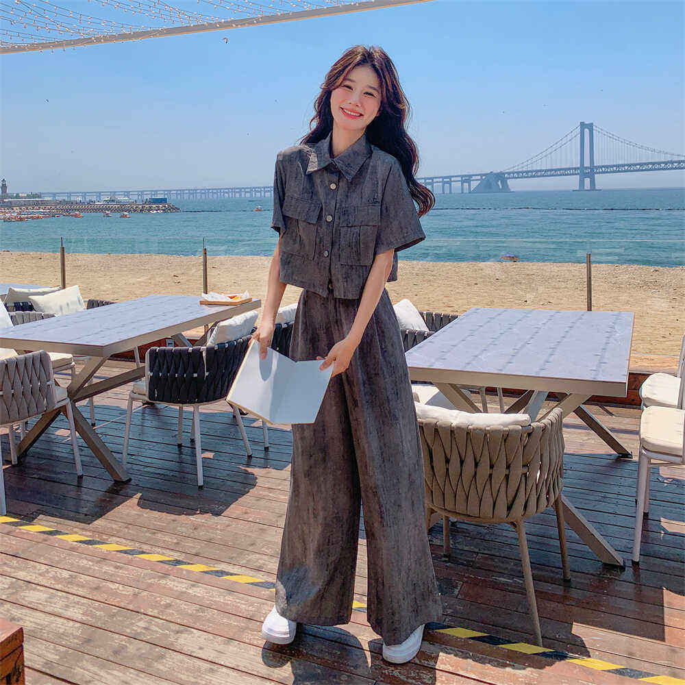 高级感盐系扎染薄款西装套装女夏阔腿裤两件套洋派时尚小众设计感