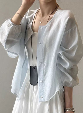韩系棉麻白色长袖罩衫女款 夏季薄款防晒开衫通勤风