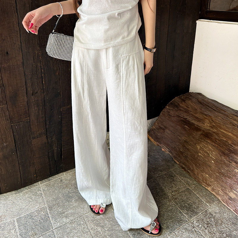 白色亚麻苧麻阔腿裤女夏季薄款高腰垂感老钱风西装直筒棉麻休闲裤