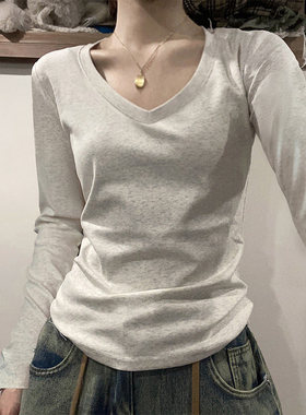 灰色V领纯棉打底衫女 2025春秋新款修身基础款上衣 通勤风纯棉内