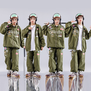 旦演出服 女童hiphop元 街舞儿童潮服加绒嘻哈童装 潮牌男童机车套装