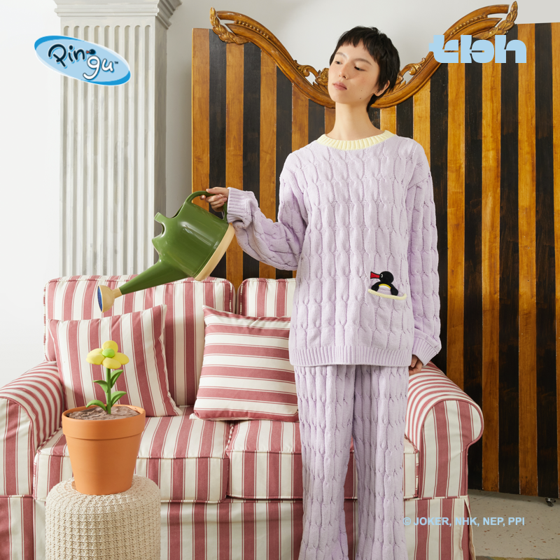 tbh野兽派家居Pingu合作系列雪尼尔绞花家居服套装秋冬情侣睡衣