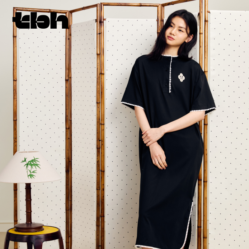 tbh野兽派家居熊猫嘭嘭天丝棉圆领家居衬衫裙可外穿睡裙睡衣女