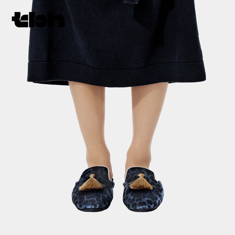 tbh野兽派黑豹丝绒流苏乐福拖鞋