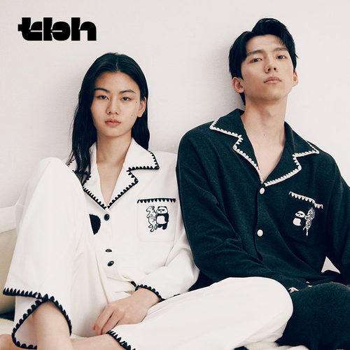 tbh野兽派家居熊猫嘭嘭针织奶油绒家居服套装冬季可外穿情侣睡衣