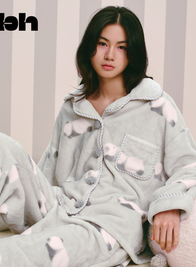 tbh野兽派家居熊猫嘭嘭法兰绒家居服套装加厚保暖可外穿睡衣女冬