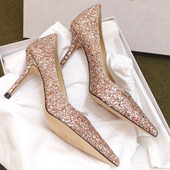 性感风亮片高跟鞋 女细跟尖头浅口单鞋 时尚 欧美新款 百搭优雅仙女鞋