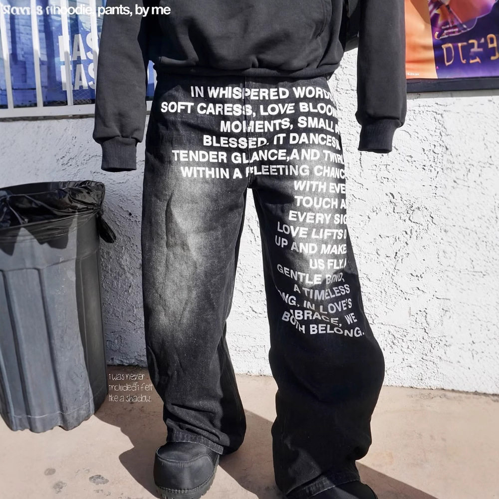 hiphop复古图案字母牛仔裤