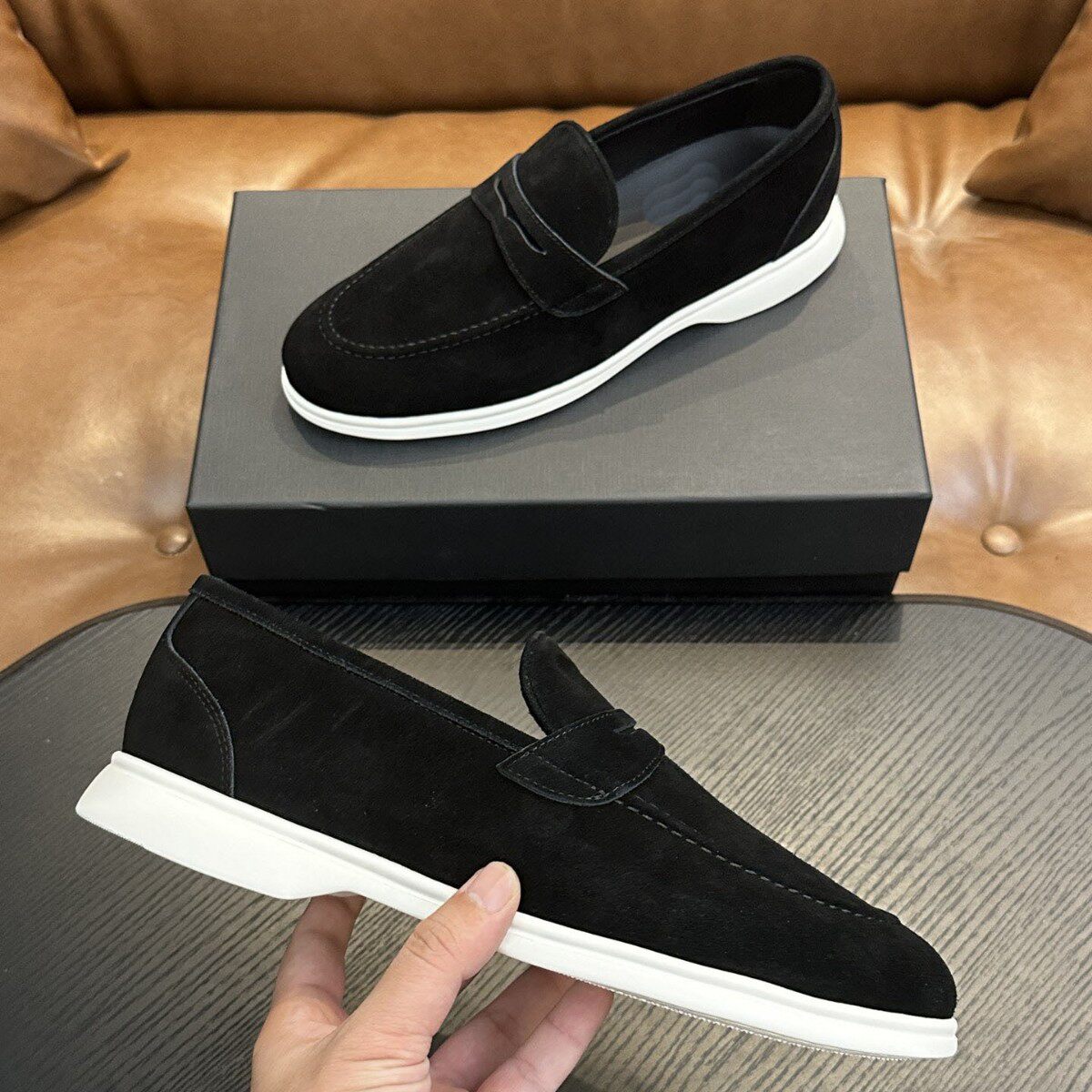 Kiton跨境新款磨砂皮英伦男鞋日常百搭休闲皮鞋一脚蹬平底男士鞋