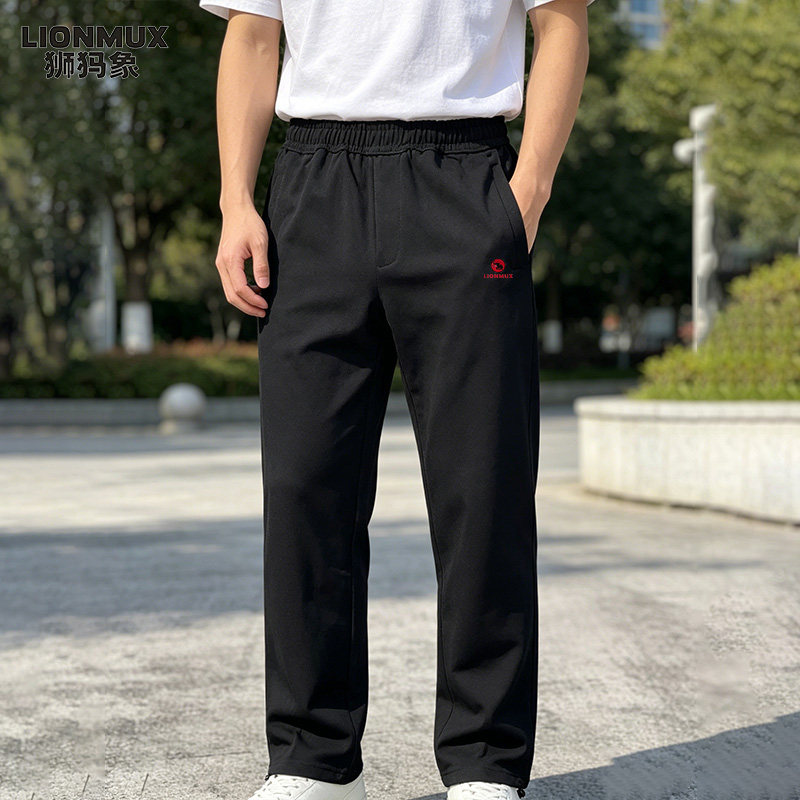 LIONMUX狮犸象男士黑色松紧腰直筒休闲裤夏季速干长裤