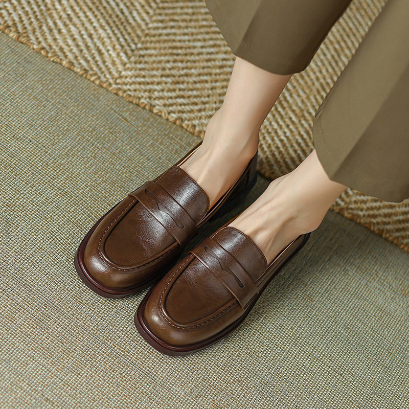 羊皮真皮乐福鞋女粗跟简约英伦小皮鞋方头软底工作鞋通勤职业单鞋,女鞋,乐福鞋（豆豆鞋）,淘宝优惠券,粉丝福利购,淘宝优惠卷