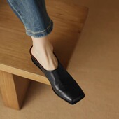 包头拖女粗跟方头复古舒适百搭软皮女鞋 断码 清仓羊皮真皮春秋新款