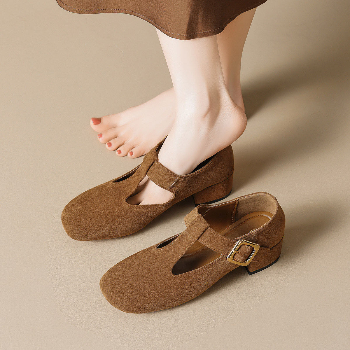 羊皮真皮复古风绒面玛丽珍鞋女粗跟中跟圆头一字扣单鞋大码不累脚,女鞋,浅口单鞋,淘宝优惠券,粉丝福利购,淘宝优惠卷