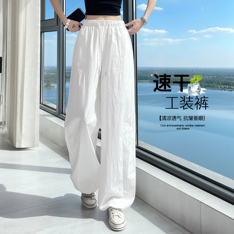 白色冰丝速干薄款束脚工装裤女图片