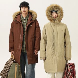 复古潮流毛领加厚90白鸭绒冬季工装羽绒服中长款男女保暖大衣外套