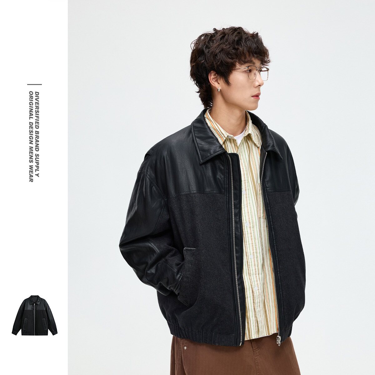 pu皮拼接牛仔羽绒服90绒白鸭绒冬季保暖外套翻领夹克街头潮牌男