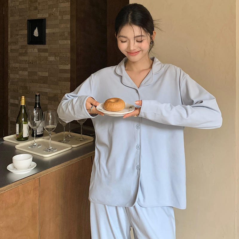森岛秋冬家居服女韩版纽扣纯色长袖上衣长裤保暖套装宽松外穿