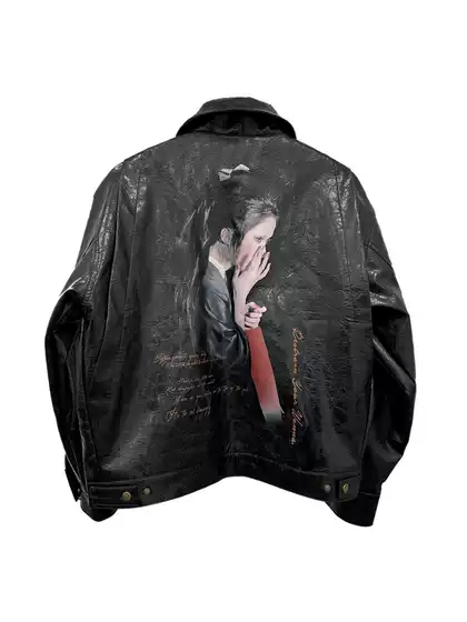 Wanna Lab Dragonfly Woman Portrait Ultra-Clear Ink Print Vintage Wrinkle Wax Surface Short Wide Leather Jacket for Men