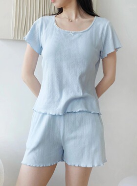 云眠家居服套装女春夏季全棉自带胸垫小清新短袖短裤长袖长裤睡衣
