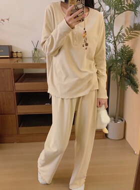 轻绵绵自带胸垫家居服套装女 2025春秋小清新长袖长裤睡衣两件套