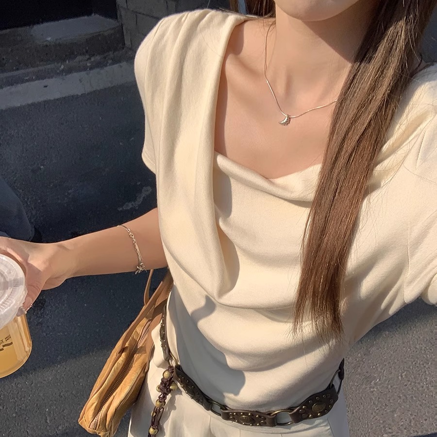 法式气质荡领短袖t恤女显瘦上衣
