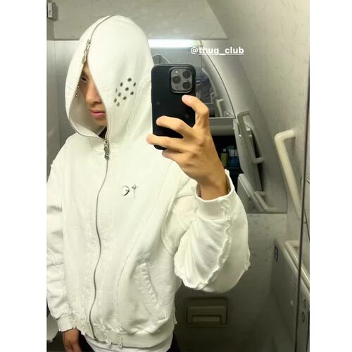 THUG CLUB VIBE水洗金属拉链蒙面忍者连帽开衫短款卫衣男潮牌外套