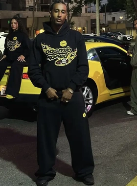 Broken planet金色火焰发泡印花连帽卫衣男美式宽松直筒卫裤套装